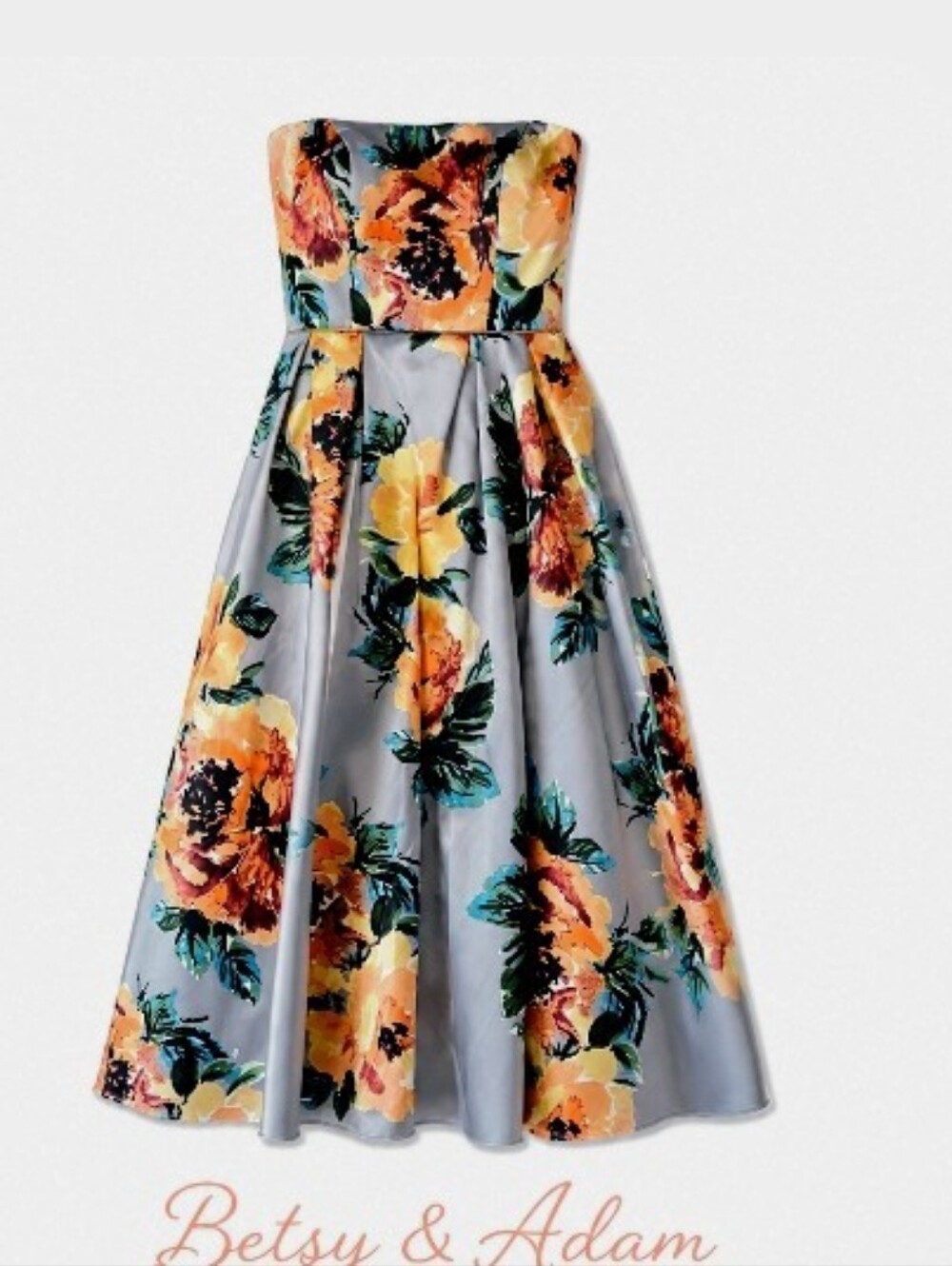 Betsy & Adam Strapless Floral Midi Dress - Gray with Yellow & Teal Flowers